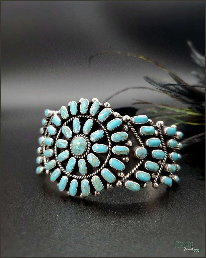 Turquoise and Sterling Silver Flower Cluster Cuff Bracelet