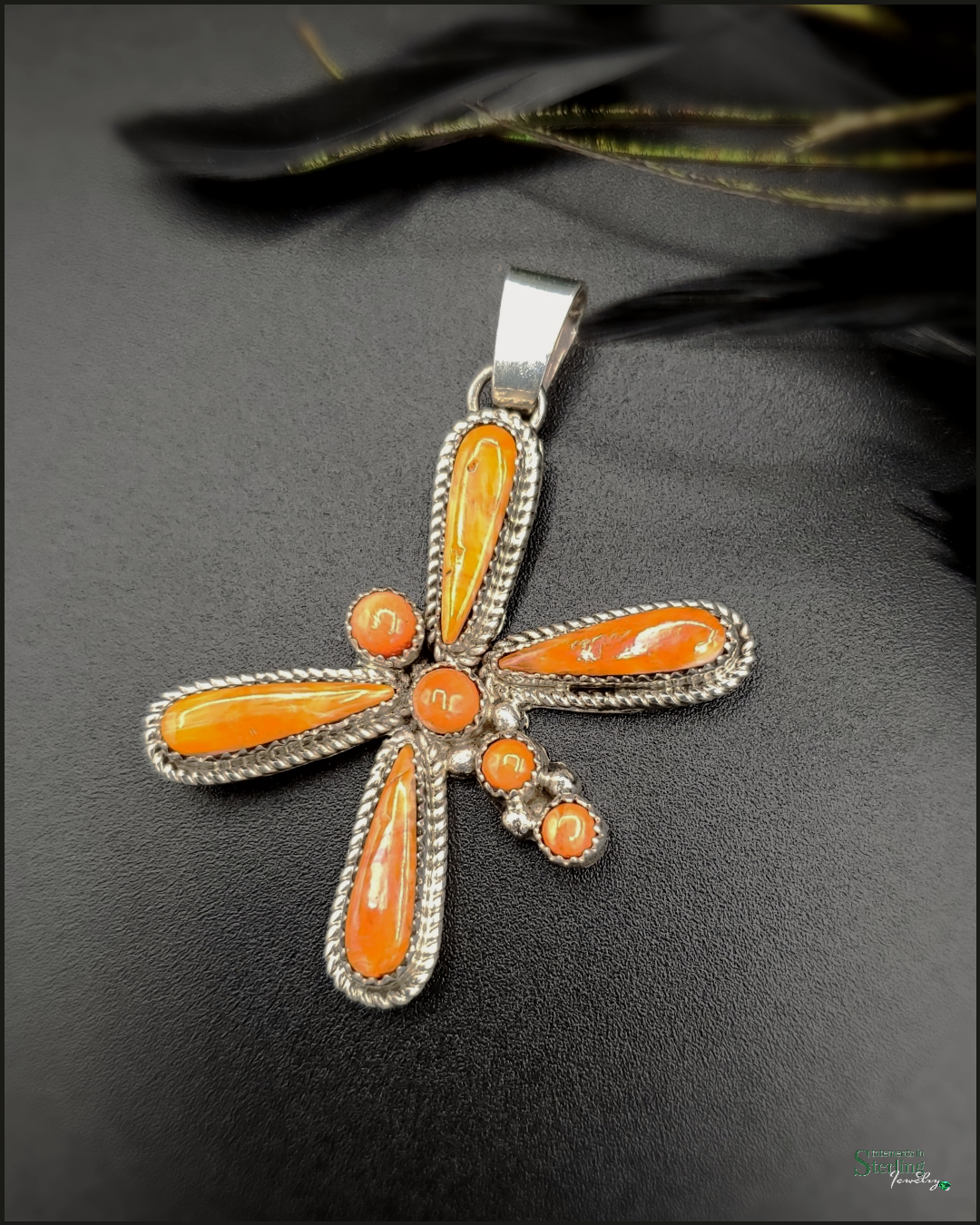 Orange Spiny Oyster and Sterling Silver Butterfly Pendant by Sandra Parkett