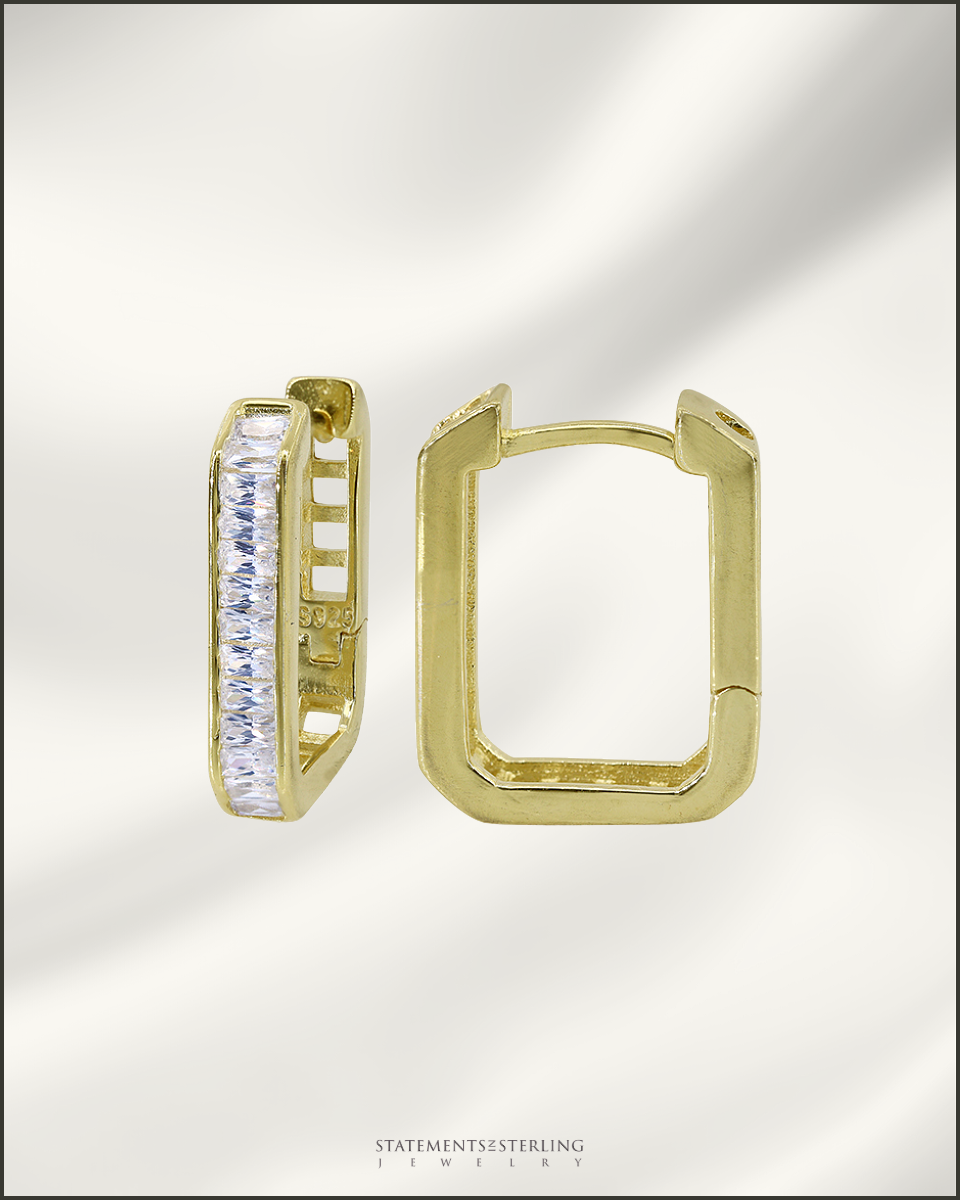 Sterling Silver Squared Hoop Earrings with Cubic Zirconia in Gold