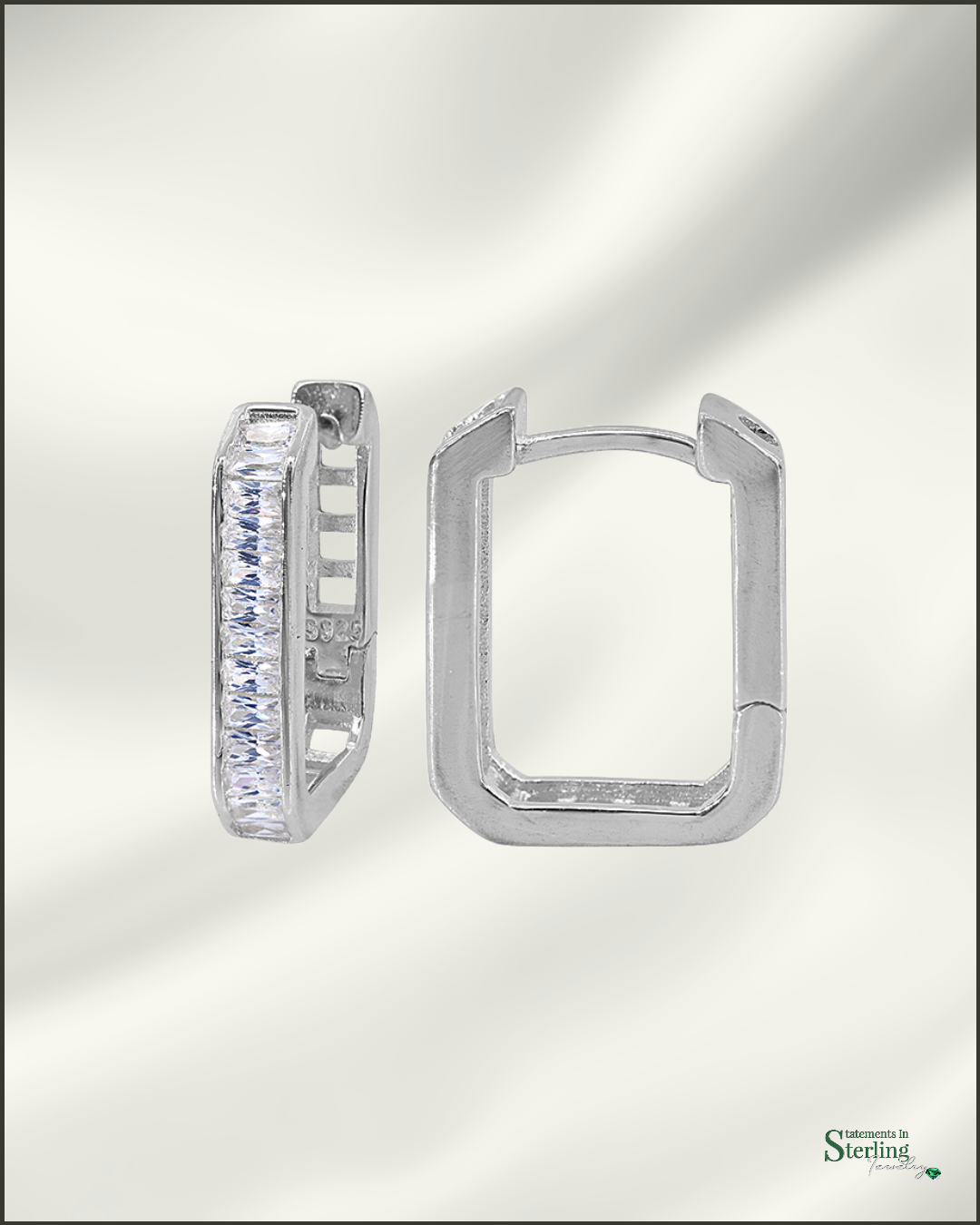 Sterling Silver Squared Hoop Earrings with Cubic Zirconia in Rhodium