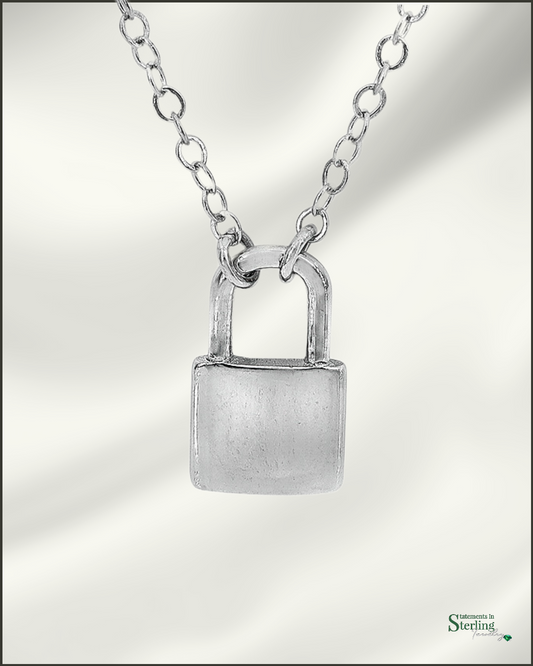 Sterling Silver Lock Necklace in Rhodium