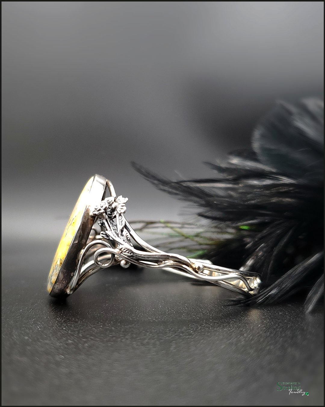 Bumblebee Jasper and Sterling Silver Leaves Bangle Bracelet