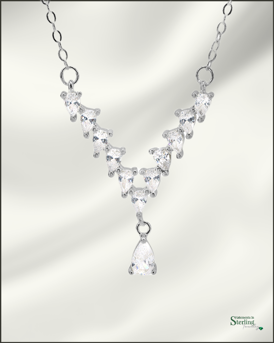 Sterling Silver Art Deco Drop Necklace with Cubic Zirconia in Rhodium