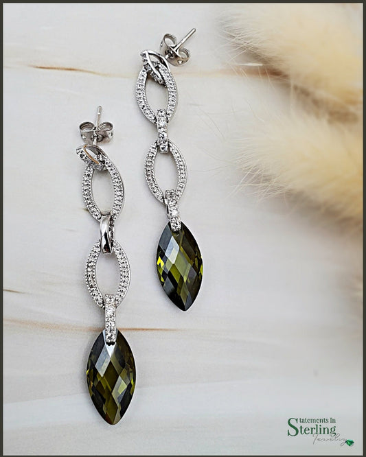 Olive Green Peridot, White Topaz and Sterling Silver Elegance Earrings
