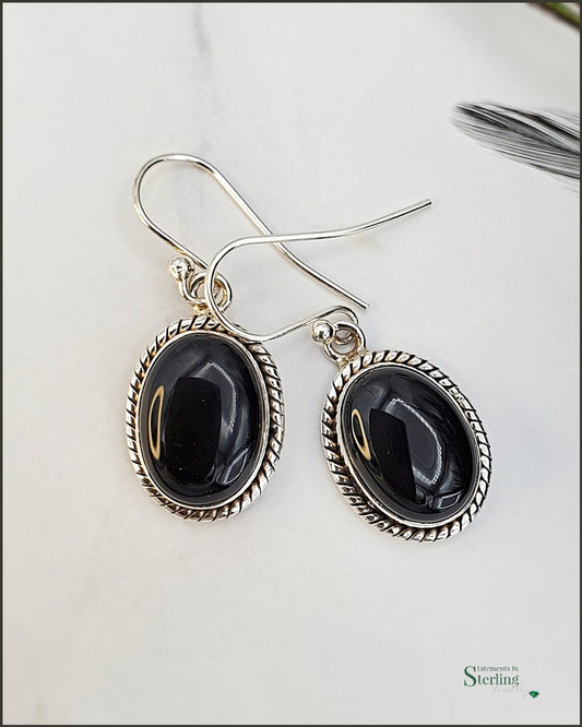 Black Onyx and Sterling Silver Oval Earrings