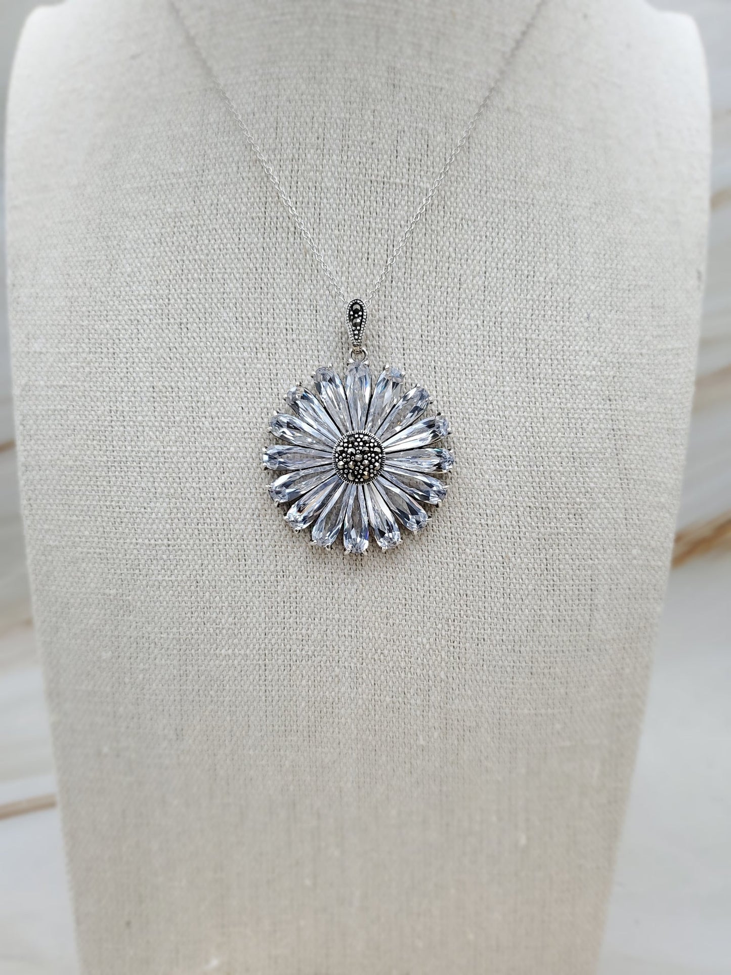 White Topaz and Marcasite Sterling Silver Flower Pendant