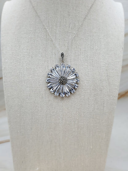 White Topaz and Marcasite Sterling Silver Flower Pendant