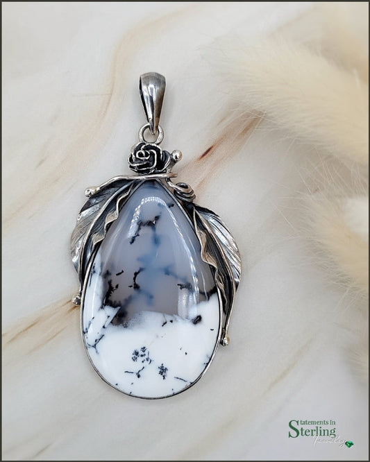 Winter Dendritic Agate and Sterling Silver Leaves Pendant