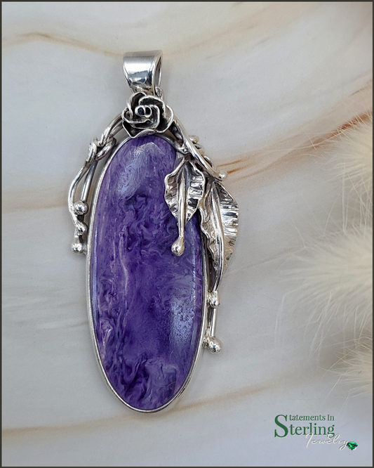 Siberian Charoite and Sterling Silver Leaves Pendant