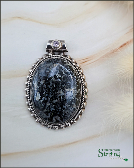 Snowflake Obsidian, Purple Amethyst and Sterling Silver Pendant