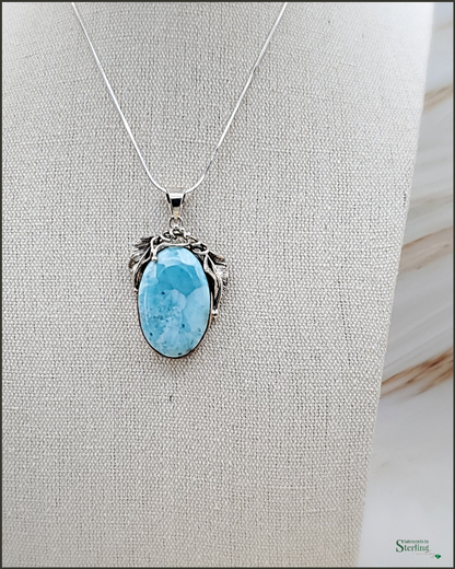 Caribbean Larimar and Sterling Silver Leaves Pendant