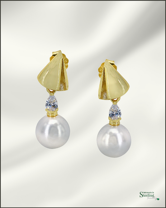 Sterling Silver Pearl and Cubic Zirconia Earrings in Gold