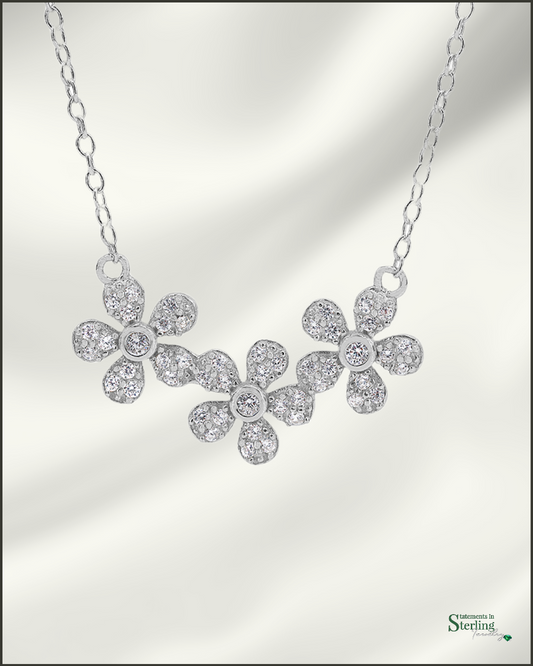 Sterling Silver Cubic Zirconia Flower Necklace in Rhodium