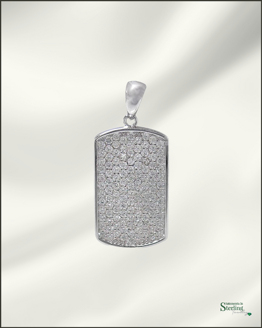 Sterling Silver Men's Modern Dogtag Cubic Zirconia Pendant in Rhodium