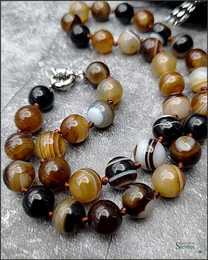 Agate Bead Hand Knotted Necklace with Sterling Silver Clasp