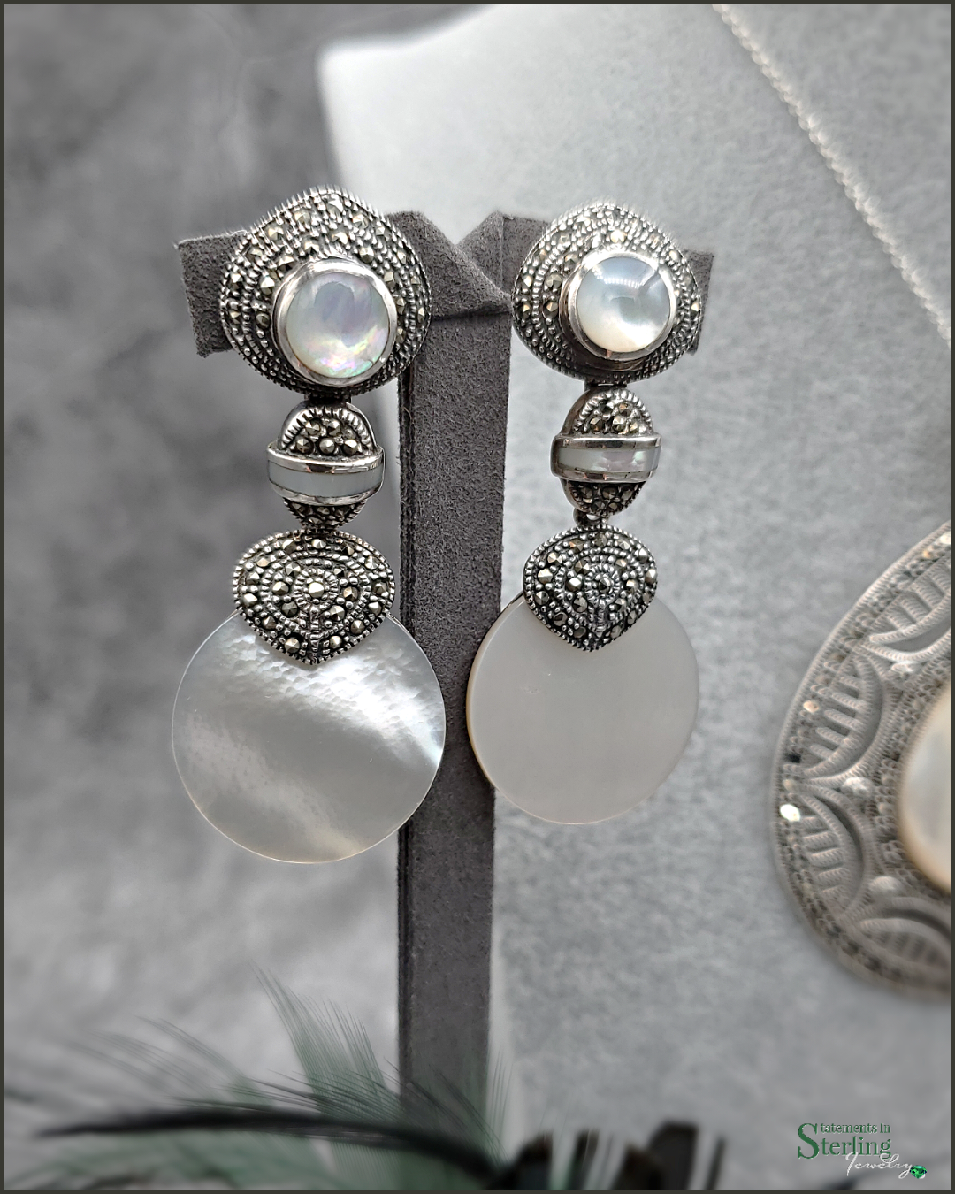 Blister Pearl, Moonstone, Marcasite and Sterling Silver Earrings