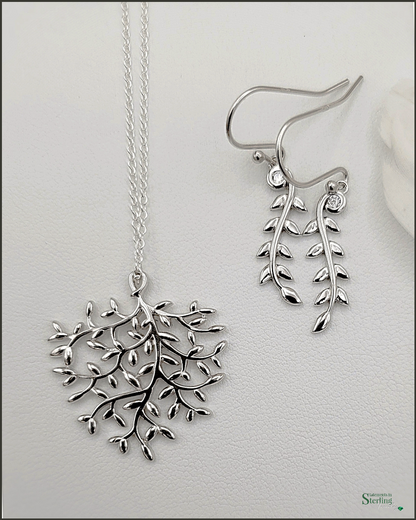 Sterling Silver Olive Leaf Earrings with Cubic Zirconia Accents