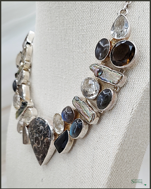 Crinoid Fossil and Multi Gemstone Sterling Silver Stunner Necklace