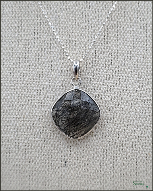 Black Rutilated Quartz and Sterling Silver Pendant