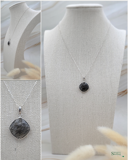 Black Rutilated Quartz and Sterling Silver Pendant