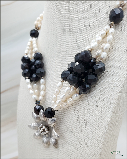 Black Onyx and Freshwater Pearl Sterling Silver Flower Necklace