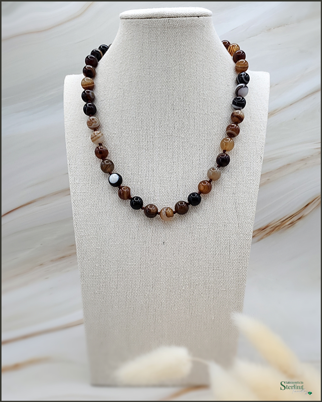 Agate Bead Hand Knotted Necklace with Sterling Silver Clasp