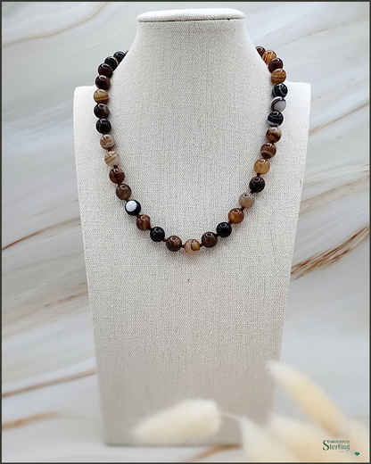 Agate Bead Hand Knotted Necklace with Sterling Silver Clasp