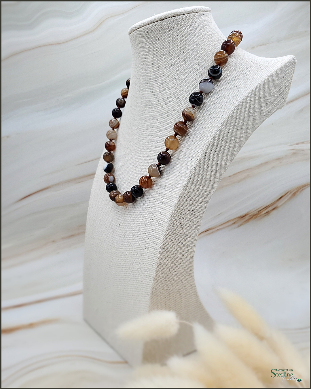 Agate Bead Hand Knotted Necklace with Sterling Silver Clasp