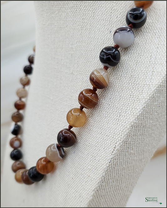 Agate Bead Hand Knotted Necklace with Sterling Silver Clasp