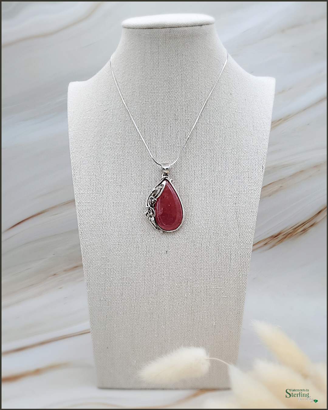 Rhodochrosite and Sterling Silver Teardrop Leaves Pendant