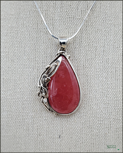 Rhodochrosite and Sterling Silver Teardrop Leaves Pendant