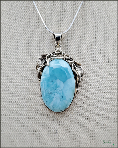 Caribbean Larimar and Sterling Silver Leaves Pendant