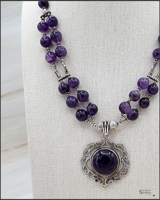 Purple African Amethyst, Swiss Blue Topaz and Sterling Silver Necklace