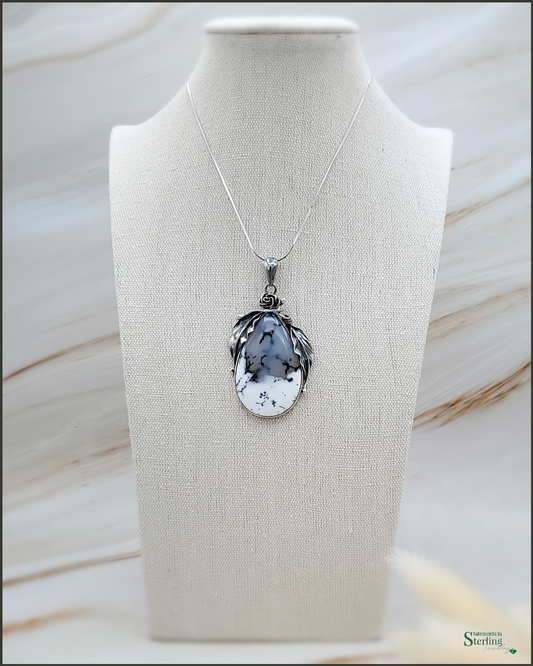 Winter Dendritic Agate and Sterling Silver Leaves Pendant