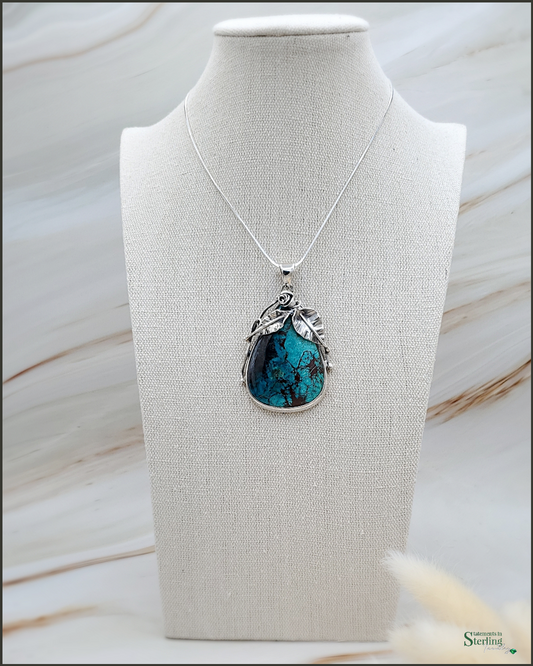 Parrot's Wing Chrysocolla and Sterling Silver Leaves Pendant