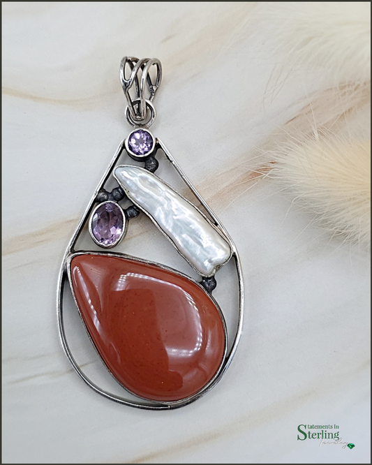 Carnelian, Mother of Pearl and Amethyst Sterling Silver Pendant