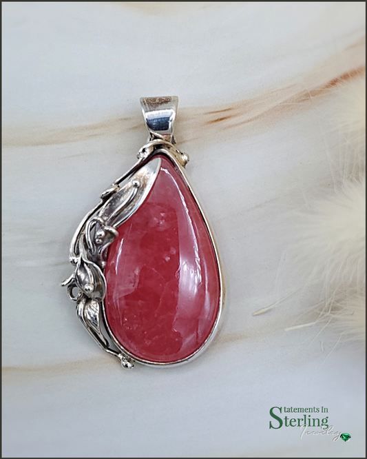 Rhodochrosite and Sterling Silver Teardrop Leaves Pendant