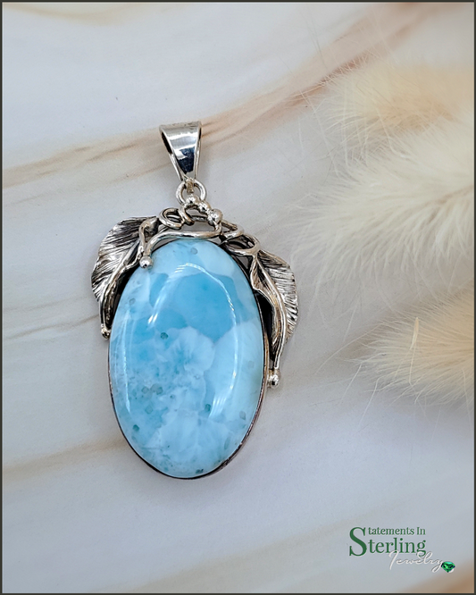 Caribbean Larimar and Sterling Silver Leaves Pendant