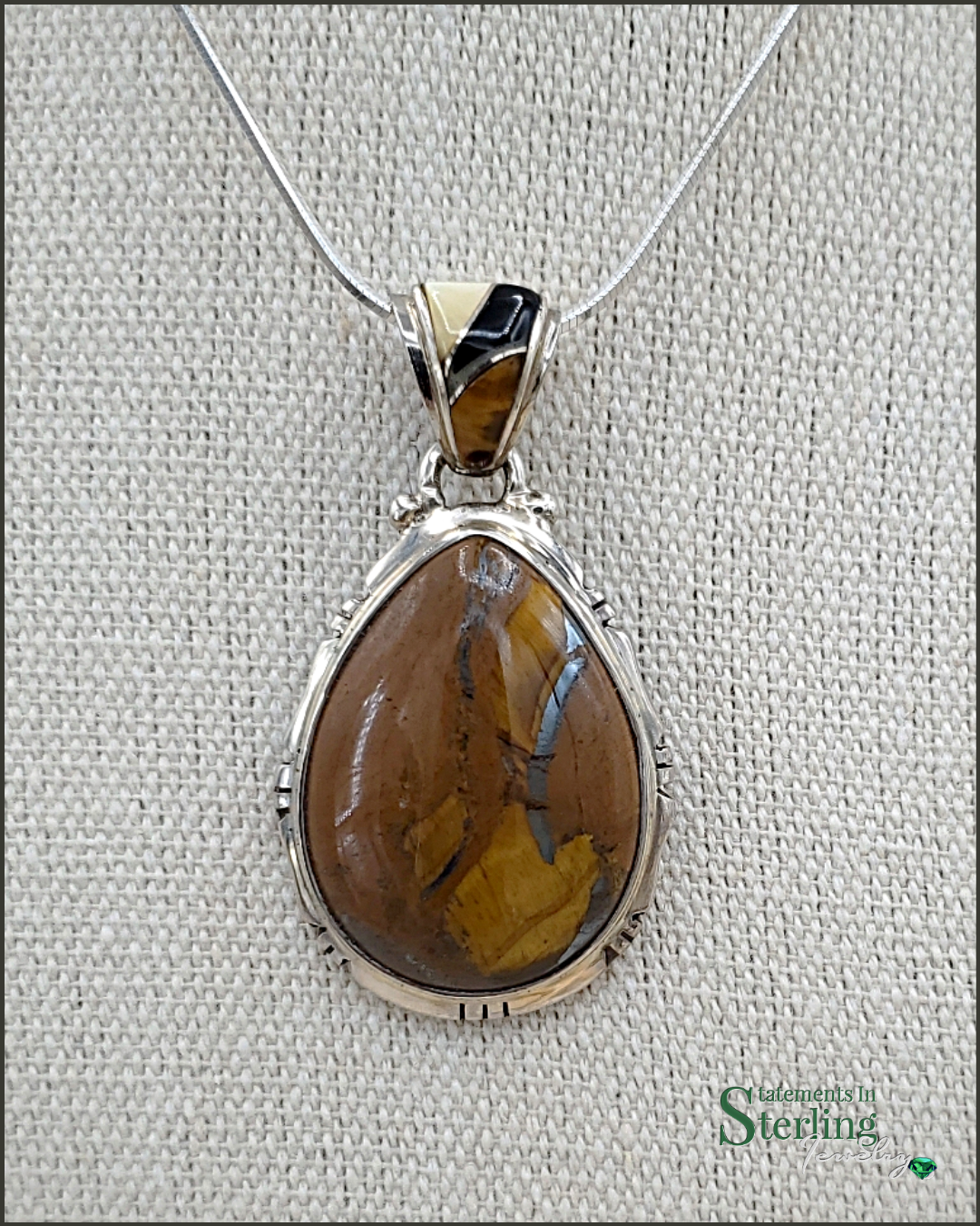 Tiger Eye Teardrop Southwest Pendant with Gemstone Inlay