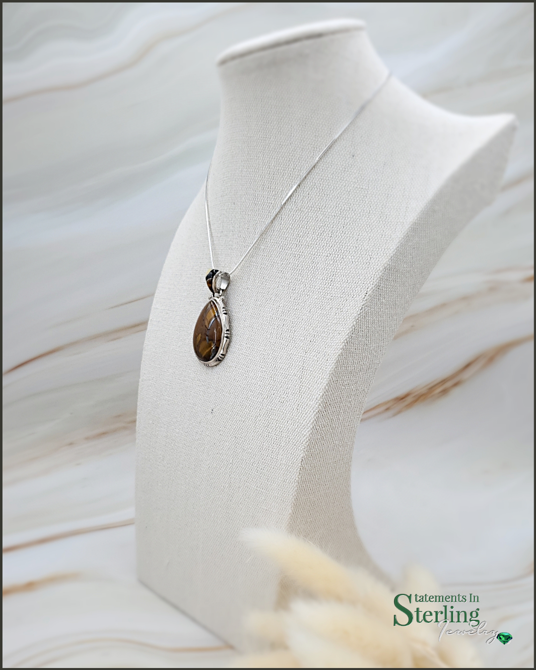 Tiger Eye Teardrop Southwest Pendant with Gemstone Inlay