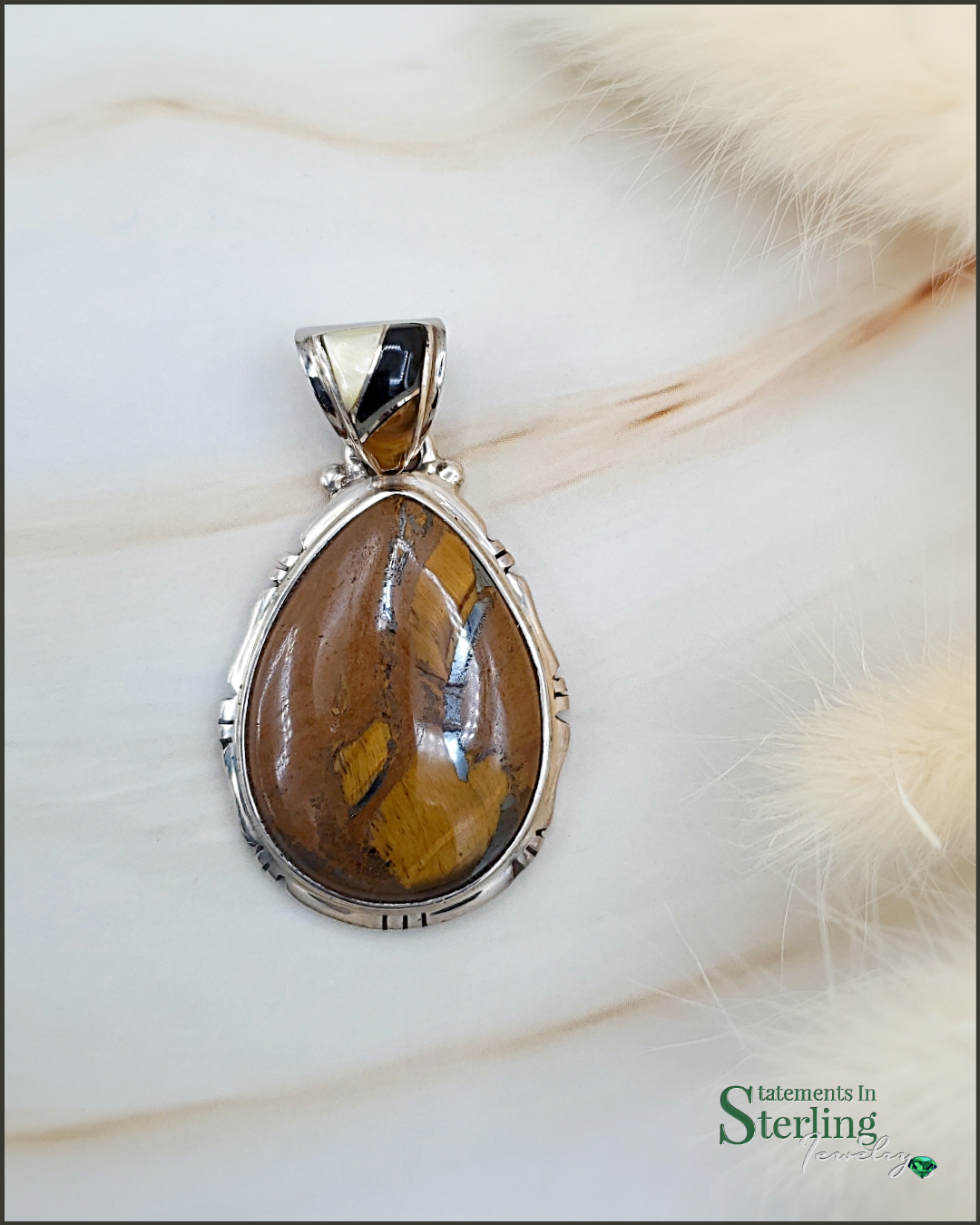 Tiger Eye Teardrop Southwest Pendant with Gemstone Inlay