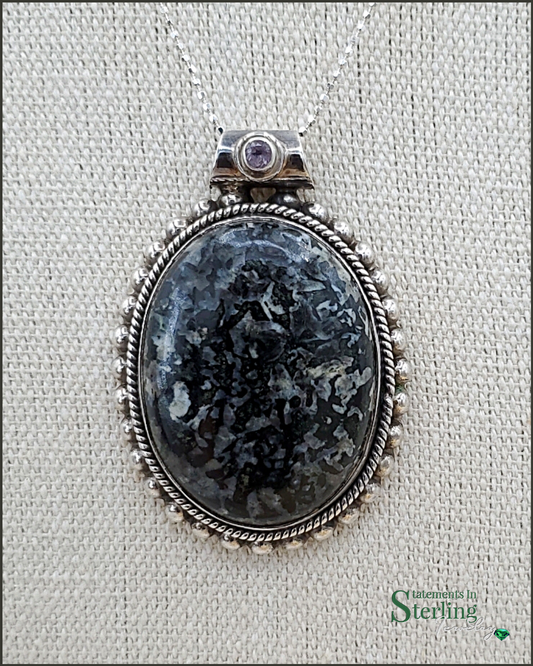 Snowflake Obsidian, Purple Amethyst and Sterling Silver Pendant