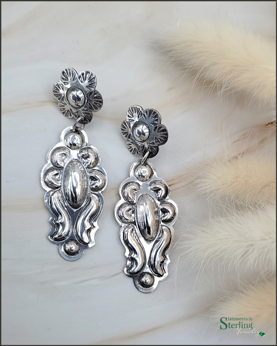 Navajo Floral Sterling Silver Earrings by Tim Yazzie