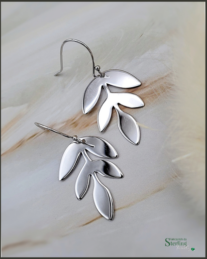 Sterling Silver Leaf Earrings in Rhodium