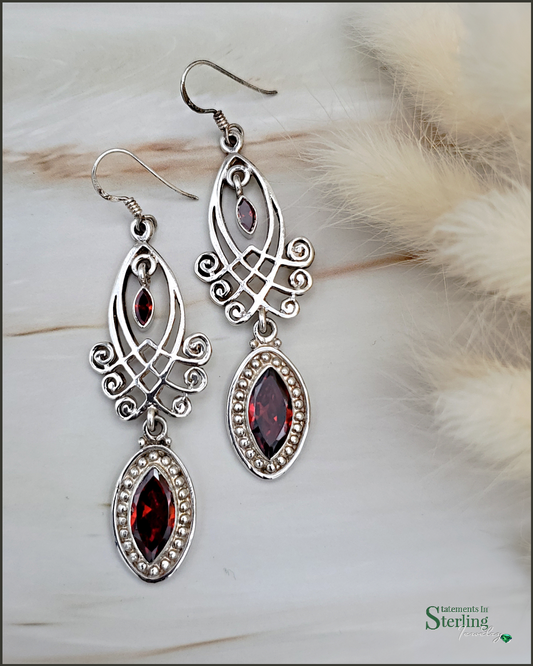 Garnet and Sterling Silver Dangle Earrings