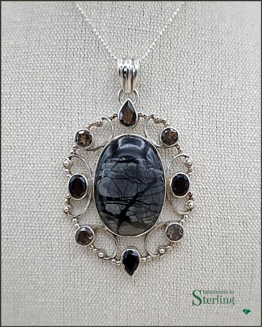 Smoky Topaz and Picasso Jasper Sterling Silver Pendant