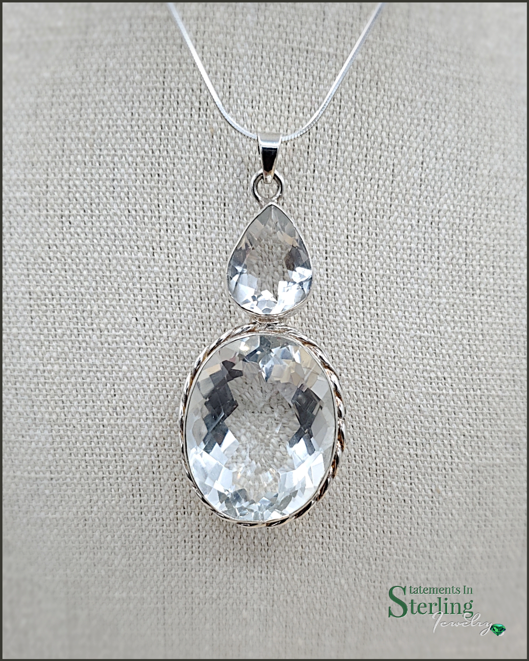 Clear Quartz and Sterling Silver Two Stone Teardrop Pendant