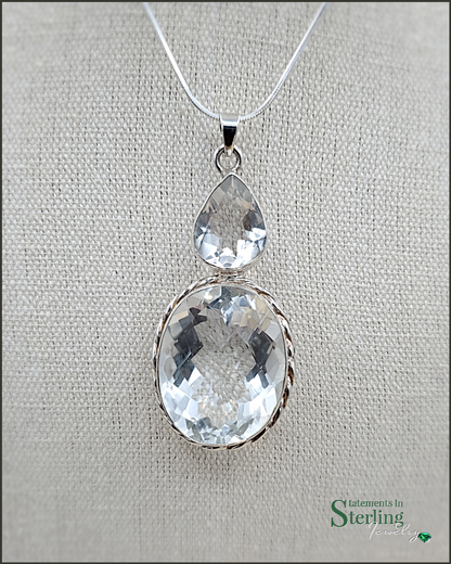 Clear Quartz and Sterling Silver Two Stone Teardrop Pendant