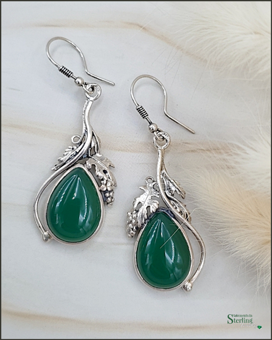 Green Agate and Sterling Silver Leaves Earrings