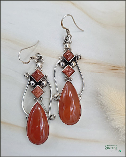 <transcy>Boucles d&#39;Oreilles Pendantes Carnelian Cabachon et Druzy</transcy>